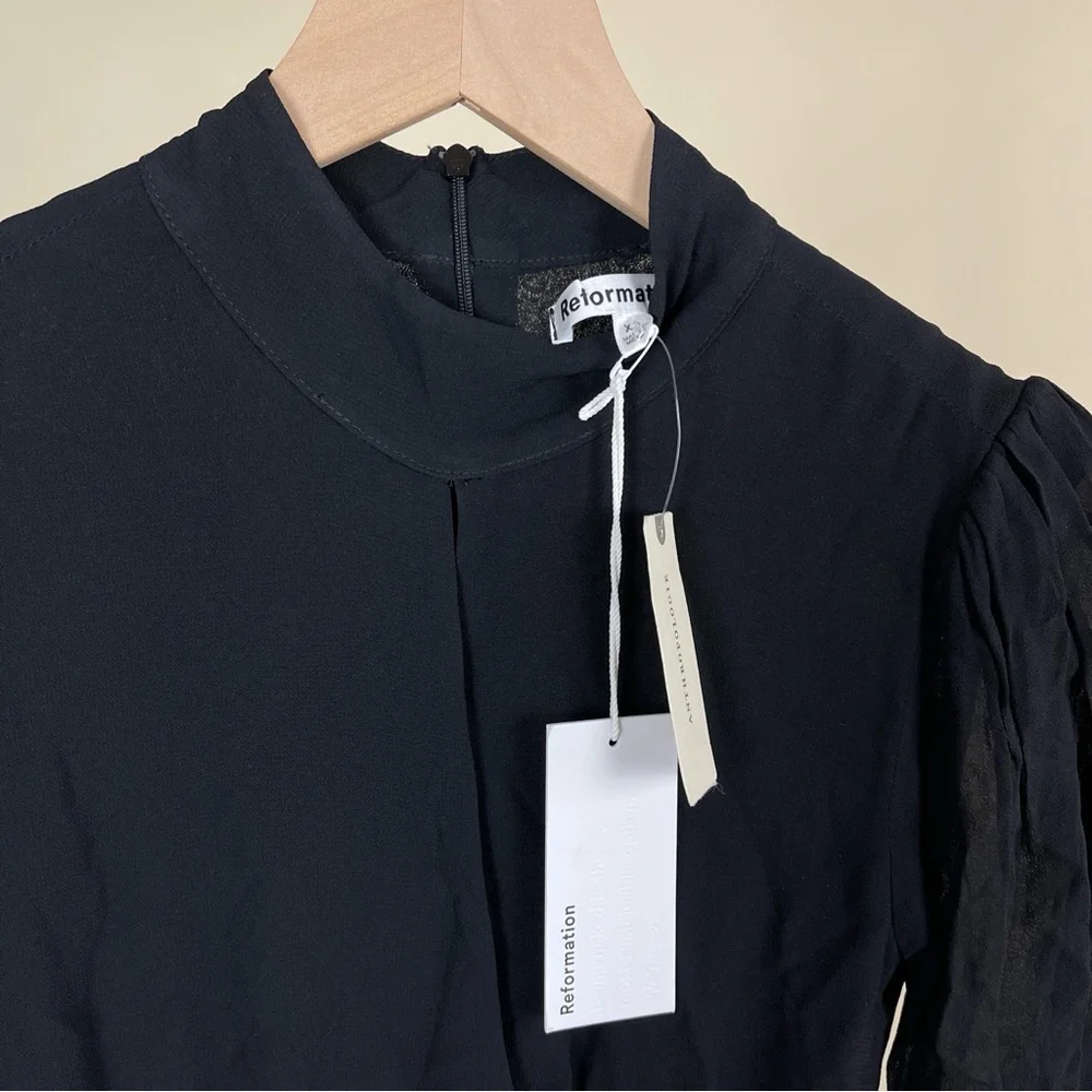 NWT Reformation Otessa Keyhole Front Tie Long Sleeve Mini Dress Black Witchy